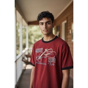 Vintage 1997 Timberland Performance Nashville TN Guitar Ringer T-Shirt L Red